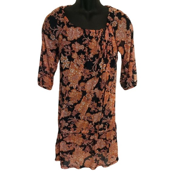 Banana Moon Dresses & Skirts - Banana Moon Womens Floral Black & Orange 3/4 Sleeve Boho Dress Nylon Blend M